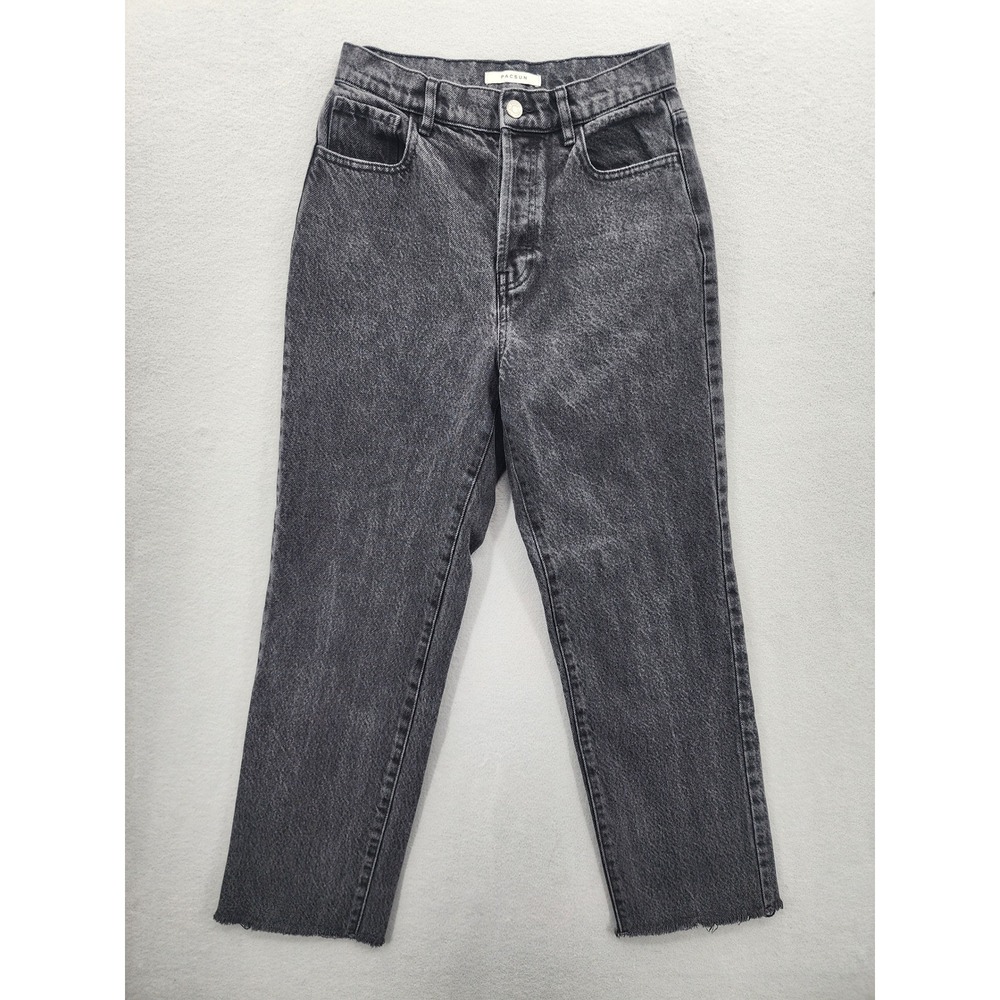 PacSun High Rise Straight Leg Jeans 26 Washed Black‎ Button Fly Raw Hem Denim